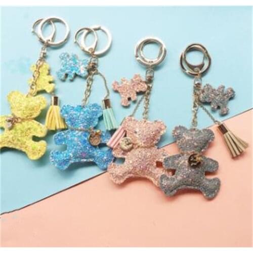 Cute keychain tassels faux leather bear keychain key ring ladies glittering bear tassel keychain ladies backpack accessories