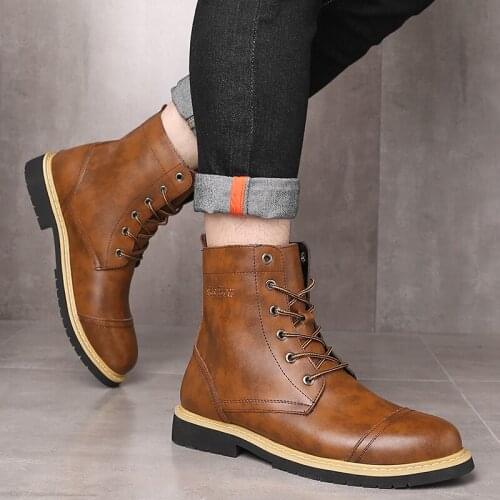 Large Size Men Boots Plush Warm Genuine Leather High-top Chelsea Boots Man Outdoor Waterproof British Style Motorcycle Boots Men