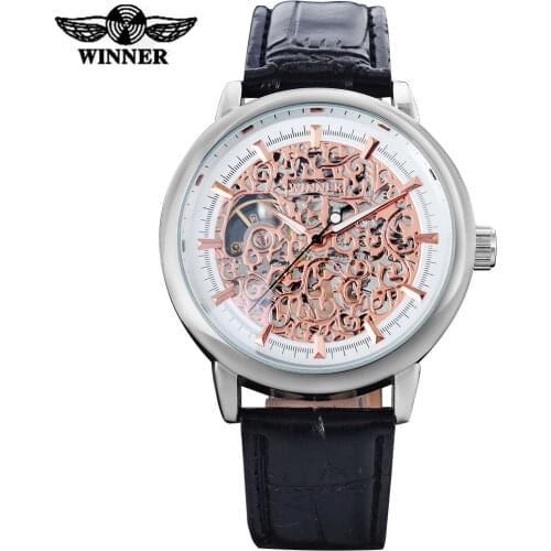 WINNER 2016 china brand man watches fashion mechanical hand wind watch skeleton rose gold dial silver case quality leather band