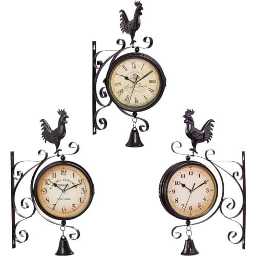 Retro Wall Clock Station Clock Garden Patio Clock Rooster Statue Ornament