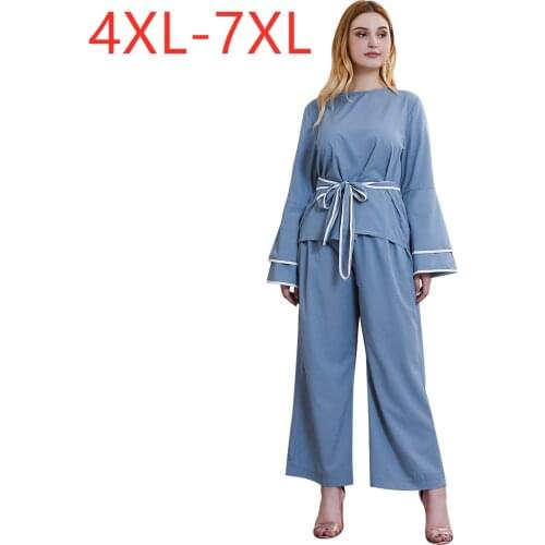 New 2021 Ladies Spring Autumn Plus Size Women Large Loose Long Sleeve Belt Blue Shirt And Pants Two Pieces Suit 4XL 5XL 6XL 7XL
