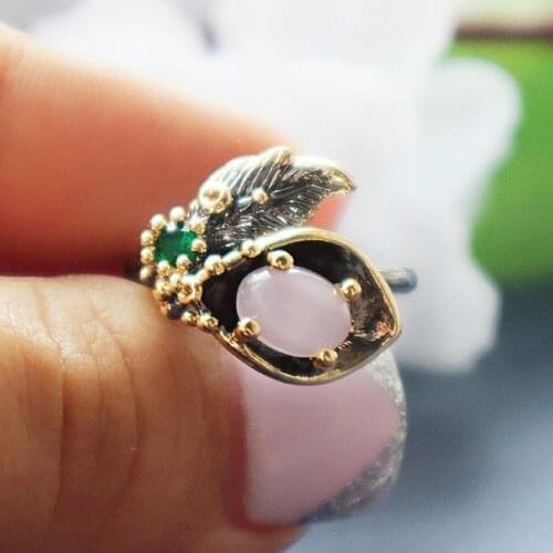 Oval Pink stone Leaf Ring Black Nickle Gold 2Tone plated Vintage Jewellery for Cocktail Party Best Jewelry rings for Women