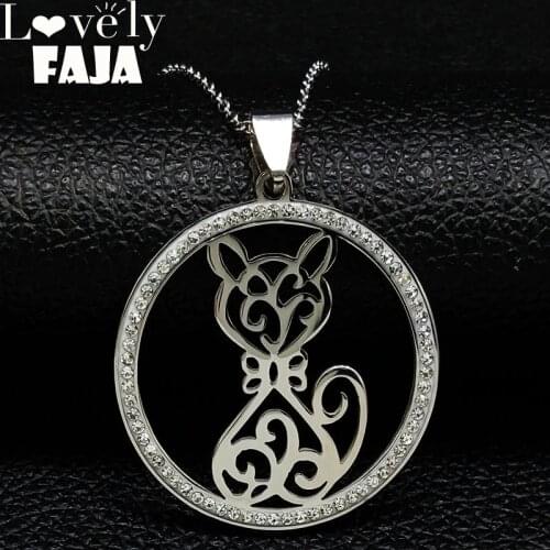 Cat Crystal Stainless Steel Necklaces Pendants for Women Silver Color Necklace Jewelry gato acero inoxidable joyeria N18266