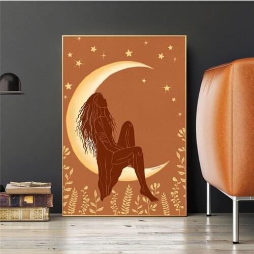 Retro Illustration Abstract Girl on The Moon Poster and Print Poster Wall Artist Home Painting Decoration Aesthetic Room Decor
