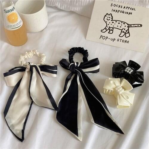 French Black White Solid Color Printed Scrunchie Elastic Hair Band For Women Hair Scarf Rubber Ropes Hair Ties Hair Accessory