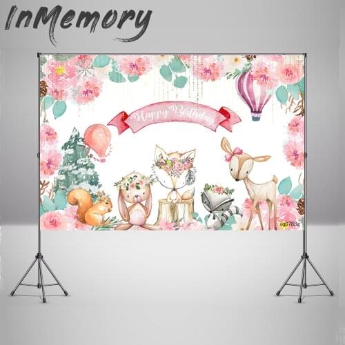 Pink Woodland Party Backdrop Cartoon Fox Photo Booth Kids Birthday Party Banner Hot Air Balloons Photo Background