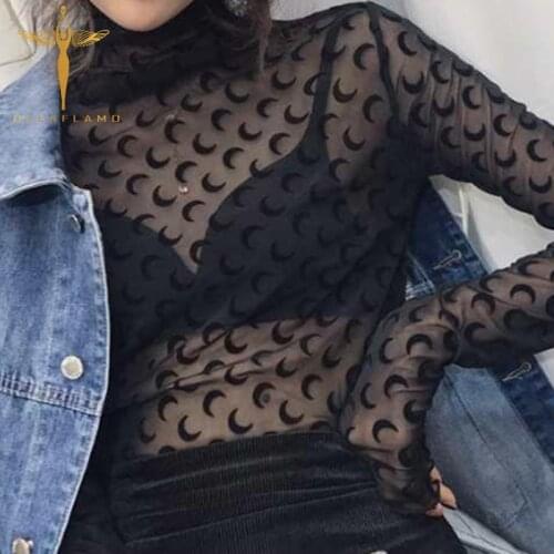Sexy Lace Female T Shirt Mesh Tops See Through Moon T Shirt Women Long Sleeve Turtleneck Tshirt Slim Bodycon Base Top Shirt Tees