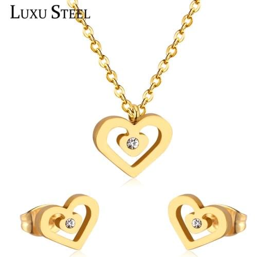 LUXUSTEEL Wedding Jewelry Sets Trendy Style Gold Color Flower Shape Pendant Necklace With Cubic Zirconia Earrings Brinco Party