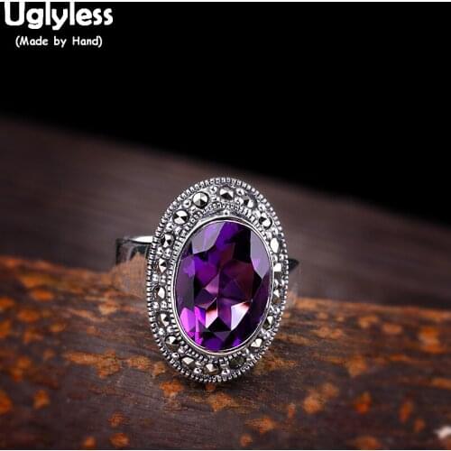 Uglyless Noble Purple Crystal Rings for Women Vintage Party Dress Open Rings Marcasite Oval Gemstones Bijoux Fine Jewelry R876