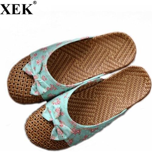 XEK New Women' Flat Slippers Linen Home Slippers Female Bathroom Slippers Indoor 2018 Summer Hemp Beach Slippers Flip-flop WFQ76