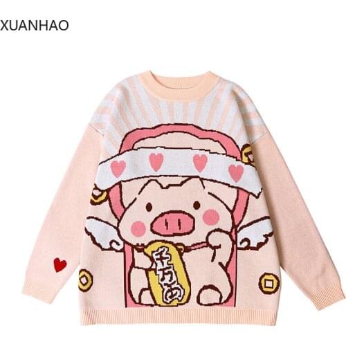 XUANHAO Autumn Kawaii Sweet Jacquard Sweater Womens Cartoon Pig Knitted Pink Sweaters Thick Warm Girls Cute Jumper Pullovers