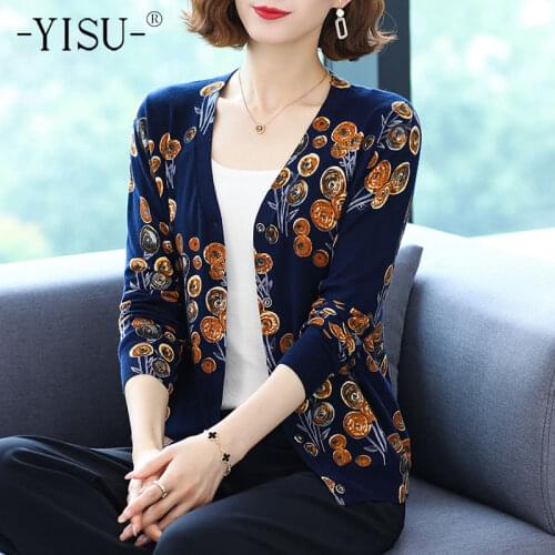 YISU 2021 Woman clothing wool Cardigan V-Neck Cardigan Coat Printing Long sleeve Sweater Spring Autumn Tops Knitted Coats Female