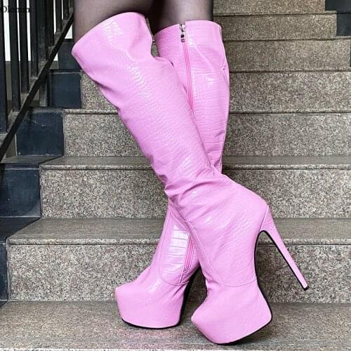 Olomm Handmade Women Winter Knee Boots Croc Sexy Stiletto Heels Round Toe Fabulous Pink White Gold Dress Shoes Plus US Size 5-20