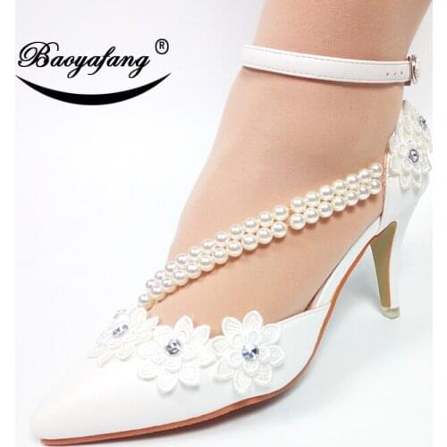 BaoYaoFang White Flower wedding shoes Pointed Toe buckle strap fashion shoes sweet party shoe woman Ankle strap