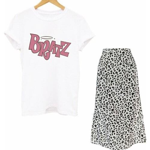 Women Two Piece Set Street Goth Bratz T Shirts And Sexy Leopard Wrap Skirt Set Summer Short Sleeve Casual Skirt Outfit For Women