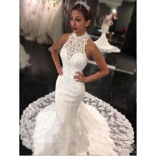 Full Lace Vestido De Novia 2020 High Neck Mermaid Wedding Dresses Sweep Train Delicate Bridal Gowns