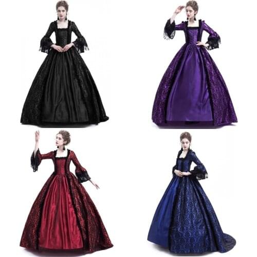 Woman Retro Elegant Square Collar Lace Princess Party Dress Halloween Queen Palace Court Cosplay Costumes Medieval Stage Dresses