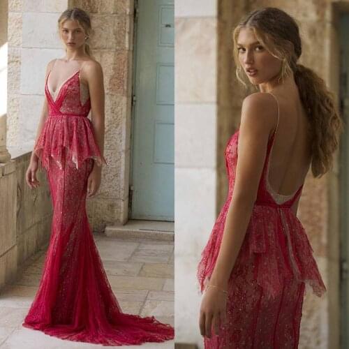 2021 Red Evening Dress Lace Sequins Backless Mermaid Prom Dresses Vestidos De Fiesta Customize Formal Celebrity Gowns