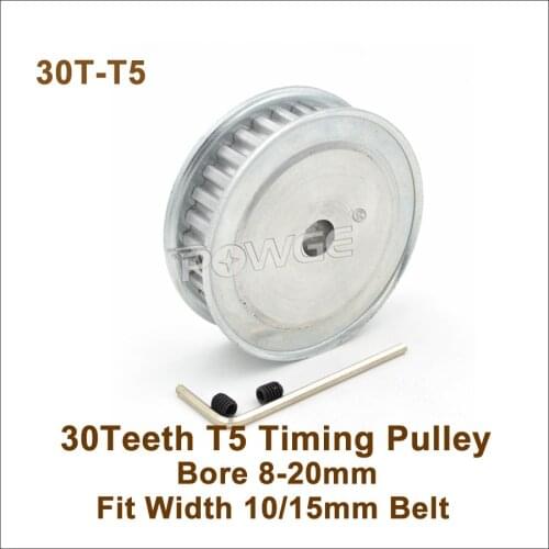 POWGE 30 Teeth T5 Timing Pulley Bore 8-20mm Fit W=10/15mm T5 Synchronous Belt 30T 30Teeth T5 Timing Belt Pulley 30-T5