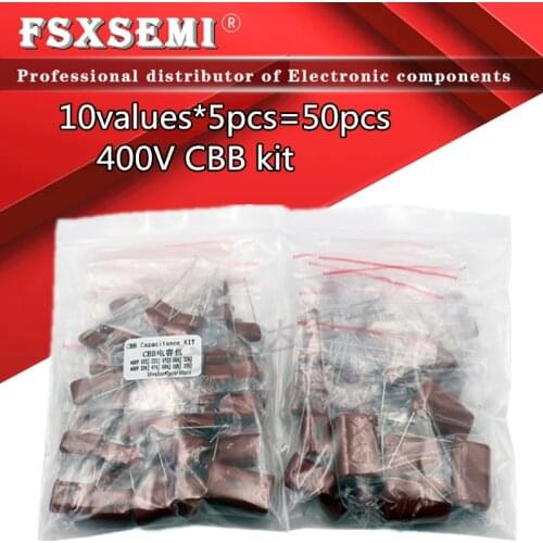 10values*5pcs=50pcs 400V 10nF ~ 3.3UF Metallized Polyester Film Capacitors CBB Assortment Kit