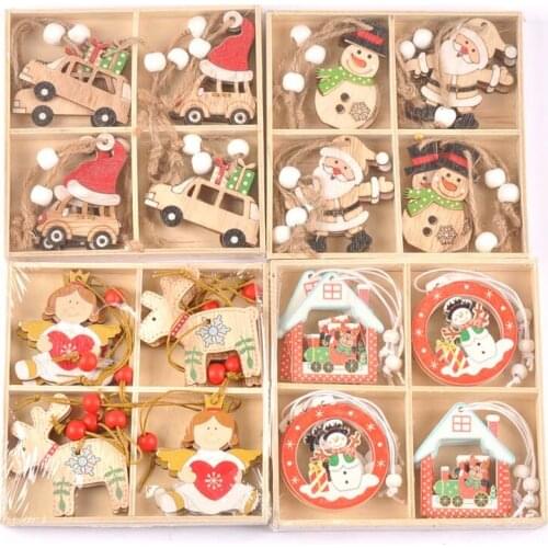 12pcs Wood Christmas Tree Pendant Hanging Ornament Santa Claus Angel Star Xmas Party Decor DIY Home Decoration cp2729