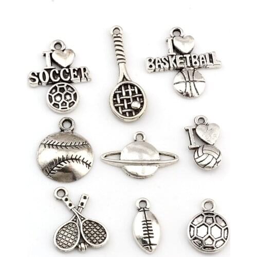 135Pcs Mix Tibet Silver Love Football Baseball Sports Charms Pendants For Jewelry Making Accessories DIY Handmade Crafts