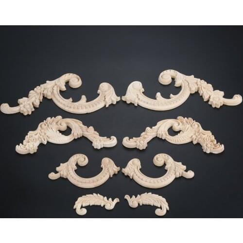 2pcs/1pair Unpainted Woodcarving Decal Corner Left+Right Applique Frame Home Furniture Wall Door Decor Leaf/Wave/Flower Shape
