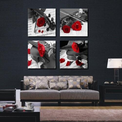 4 Pieces Unframed Combined Guitar Rose Flower Canvas Painting Romantic Modern Music Love Wall art printed Picture Home Decor