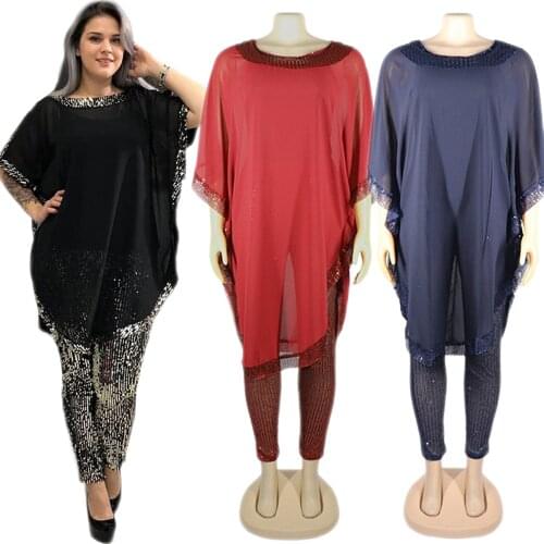 African Sequins Fashion Chiffon 3PCS Outfits Women Luxury Inner Tops Pants Africa Clothing Elastic Suits Plus Size Loose Set New