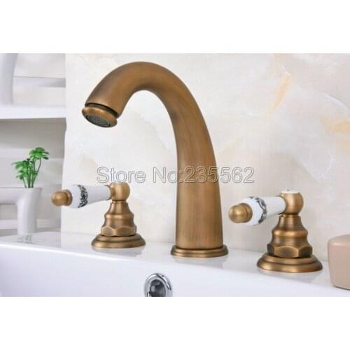 Bathroom Antique Brass 3 Hole Deck Mounted Basin Mixer Sink Faucet Widespread Dual Handle Bathtub Faucets lan079