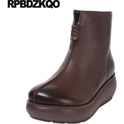 Side Zip Boots Ankle Sheepskin Brown High Heel Luxury Real Fur Fall Elevator Flatform Women Muffin Platform Harajuku Shoes Wedge
