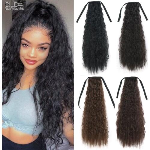 Budabuda Drawstring Curly Corn Wavy Ponytail Synthetic Clip In Hair Extensions Long Kinky Curly Afro Curls Pony Tail For Women
