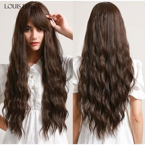 LOUIS FERRE Long Dark Brown Water Wave Wigs for White/Black Women Synthetic Wigs with Bangs Daily Cosplay Hair High Temperature
