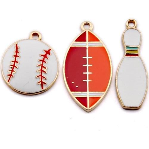 Kawaii Enamel Alloy Sport Ball Baseball Rugby Bowling Charms 10pcs Gold Tone Plated Metal Cute Earring Necklace Pendants
