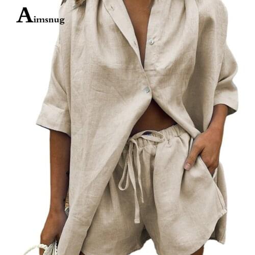 Aimsnug 2021 Summer Tracksuit set Apricot Black Two Piece Sets long sleeve Blouse And Drawstring Shorts Set Women 2Pcs Outfits