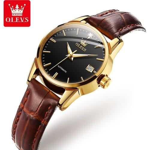 OLEVS Mechanical Watches Women Genuine Leather Women Automatic Watch Classic Calendar Ladies Casual Waterproof WristWatch 6629