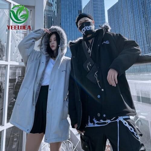 2019 Winter Plus velvet Thicken Hooded Jacket Fur Collar Solid Color Oversized Long Fashion Couples Men Suede Windbreaker Coat