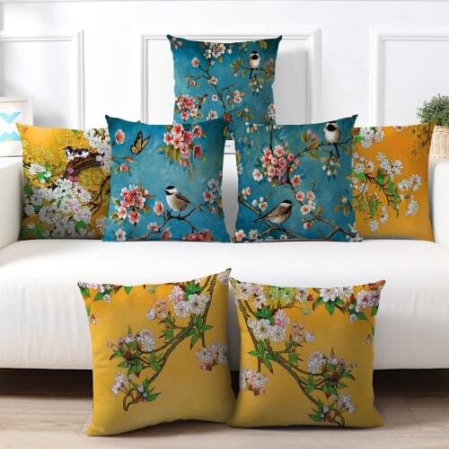 Plum Blossom Cushion Covers Flamingo Birds Cherry Pillow Cover for Home Chair Sofa Decoration Yellow Pillowcases