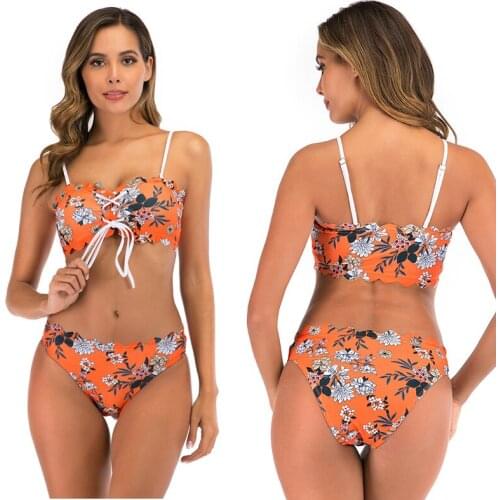 2020 New Womens Swimsuit Summer Women Floral Print BraTie Sexy Bikini Suit Swimwear with Ruffles and Padded Bra Swimming Suit