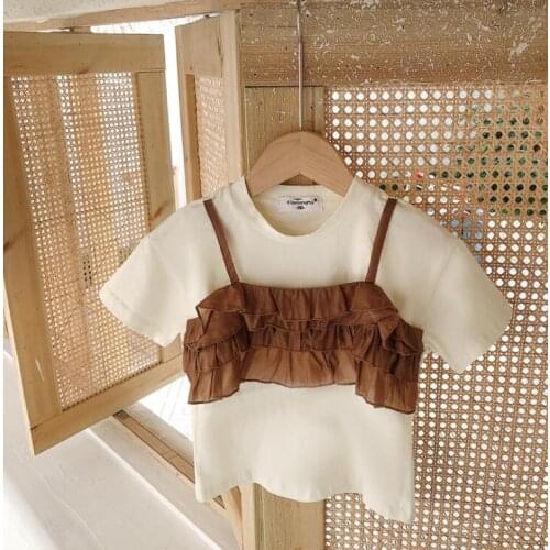 2021 New Girls Ruffles Patchwork T-Shirt Fashion Cotton Summer Girls Top 2-7t QM759