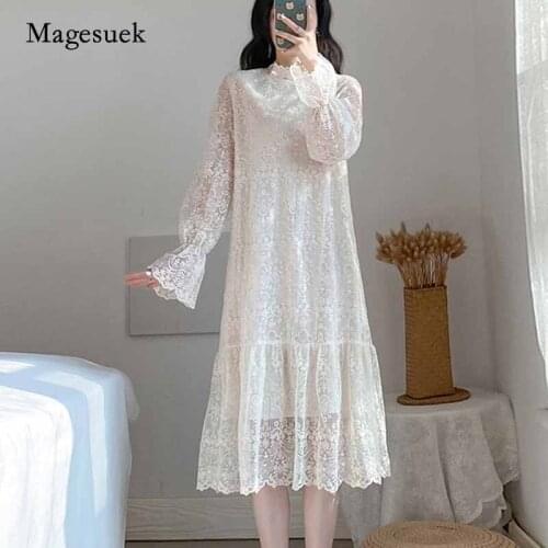 Solid A-Line Flare Sleeve Stand-up Collar Dress 2020 Autumn Sweet Temperament Lace Dress Mid-length Mid-calf Long Dress 12044