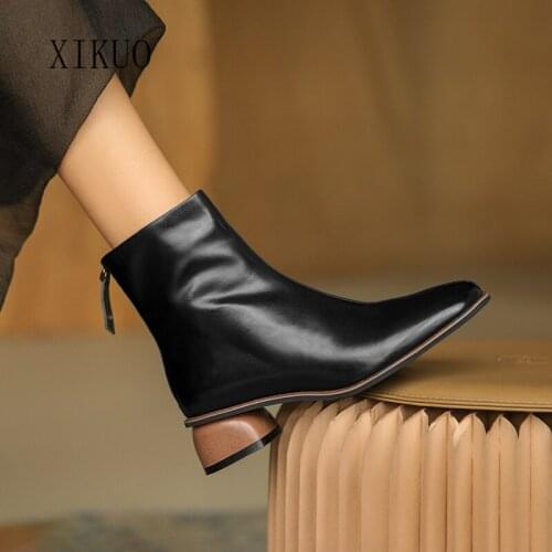 Autumn and Winter Black Chelsea Boots Womens Breathable Leather Short Plush Carved Design Ladies Ankle Boots High Heels Adult