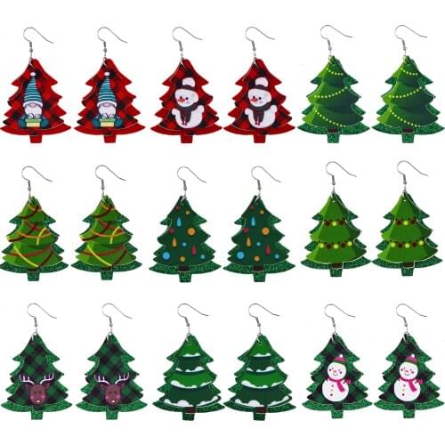 Christmas Tree Elk Snowman Earrings New Double Layer Print Plaid Eardrop Women Fashion Xmas Ornament Gift