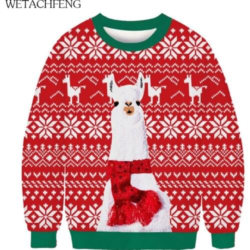Happy New Year 3D Alpaca Snowflake Sweater Ugly Christmas Funny Jumpers Tops Plus Size Autumn Winter Mens Clothes Sweatshirts