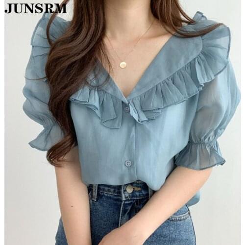 Chic Ruffle Lapel Chiffon Shirt Women Blouse 2020 Summer New Korean Style Elegant Sweet Shirts Vintage Puff Sleeve Tops Female
