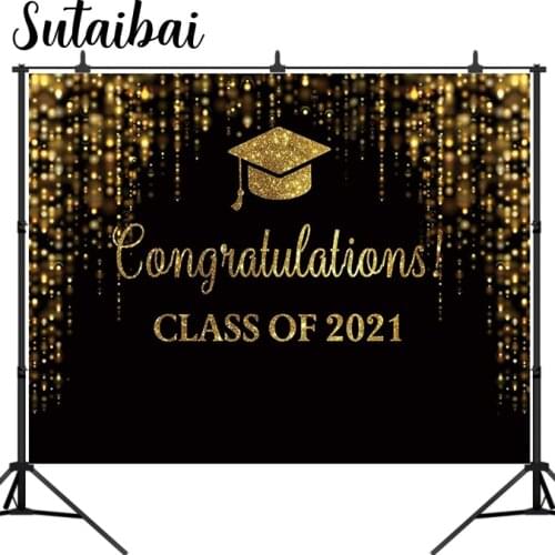 Graduation Party Backdrop Class of 2021 Black and Golden Glitter Bokeh Spots Photography Background Congrats Grad Prom Gold Dots