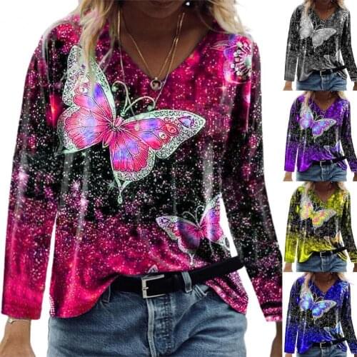 Long Sleeve Women T-shirt Butterflies Print Casual Fluorescent Color V Neck Autumn Top Streetwear