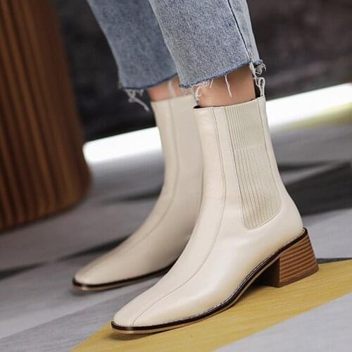 2020 Autumn Fashion Women Ankle Boots Square Toe Low Heel Shoes Woman Back Elastic Band Short Booties Black White