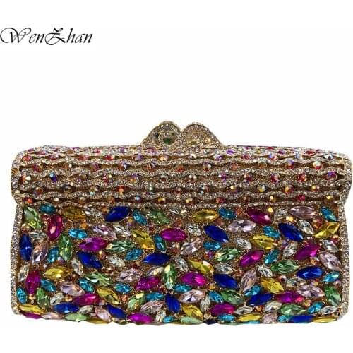 Wedding Formal Dinner Women Gold Crystal Evening Clutch Bags Metal Clutches Handbags Hollow Flower Bridal Purse A9-1