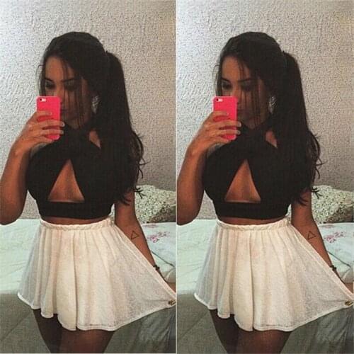 2020 Women Sexy Hollow Out Black Crop Top Sleeveless Halter Bustier Summer Casual Vest Casual Tank Tops Woman Club Clothes S-XL